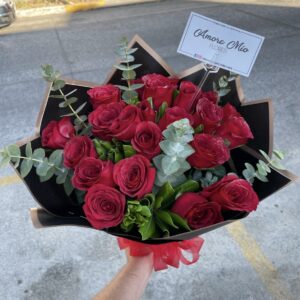 Ramo de 24 rosas rojas y dólar